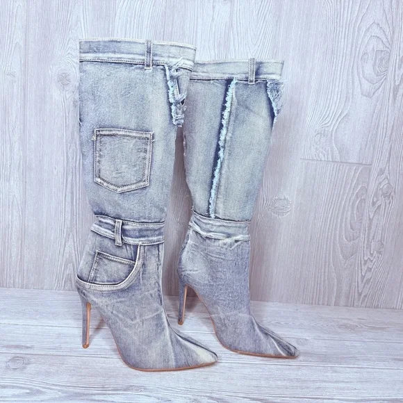 Denim light wash blue jean Raw Edge Pointy Toe Stiletto High Leg Boots 7 pocket - Picture 2 of 7